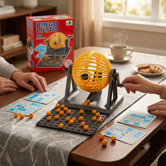 Juego de bingo loto 90 números con tómbola, bolillas y 12 cartones
