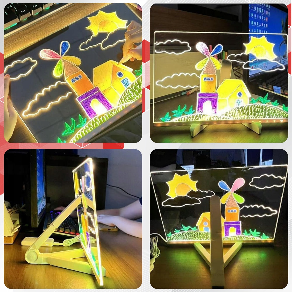 Pizarra mágica led con plumones y accesorios