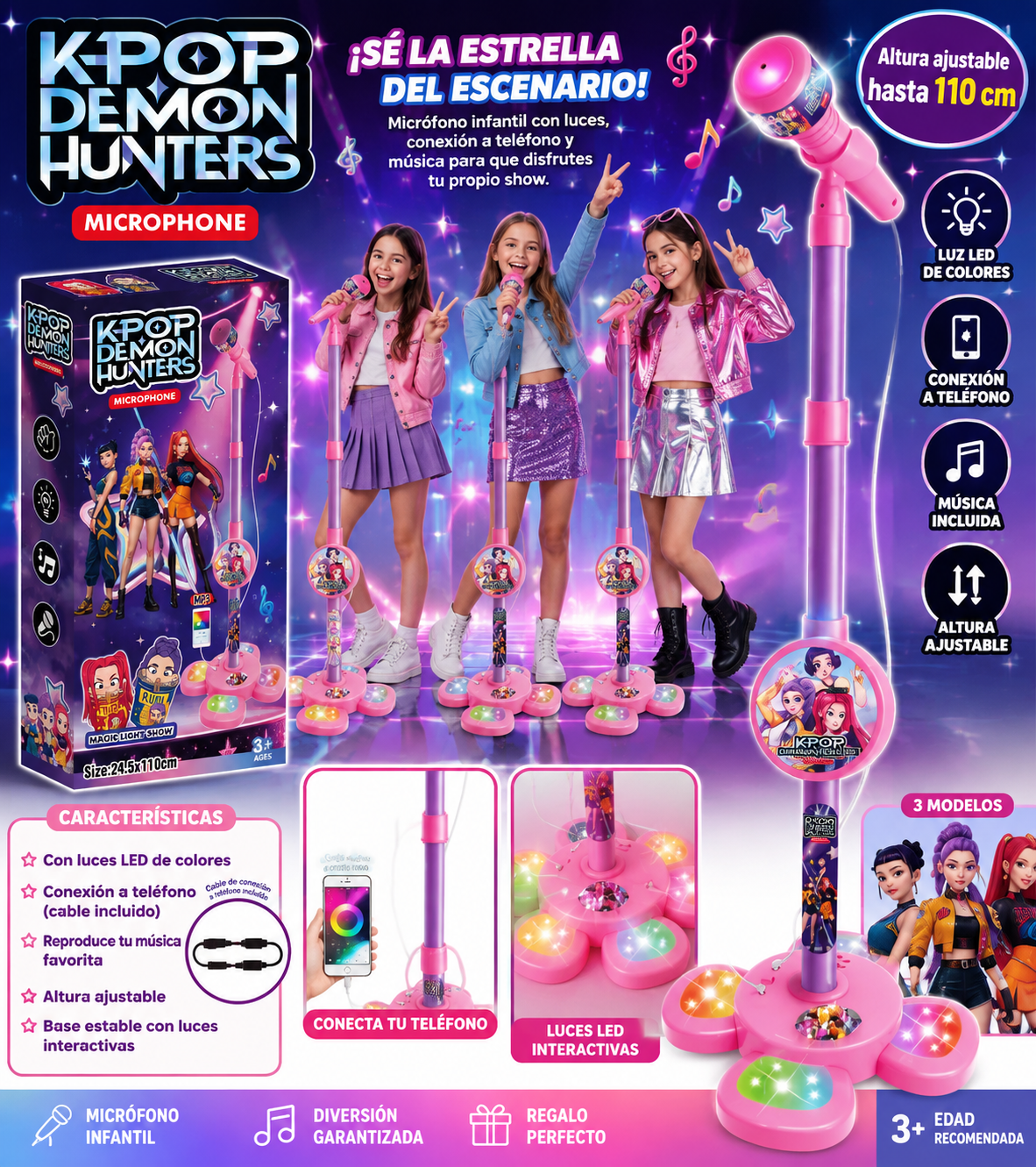 Micrófono Karaoke Infantil K-Pop Demon Hunters Con Luces y Conexión MP3