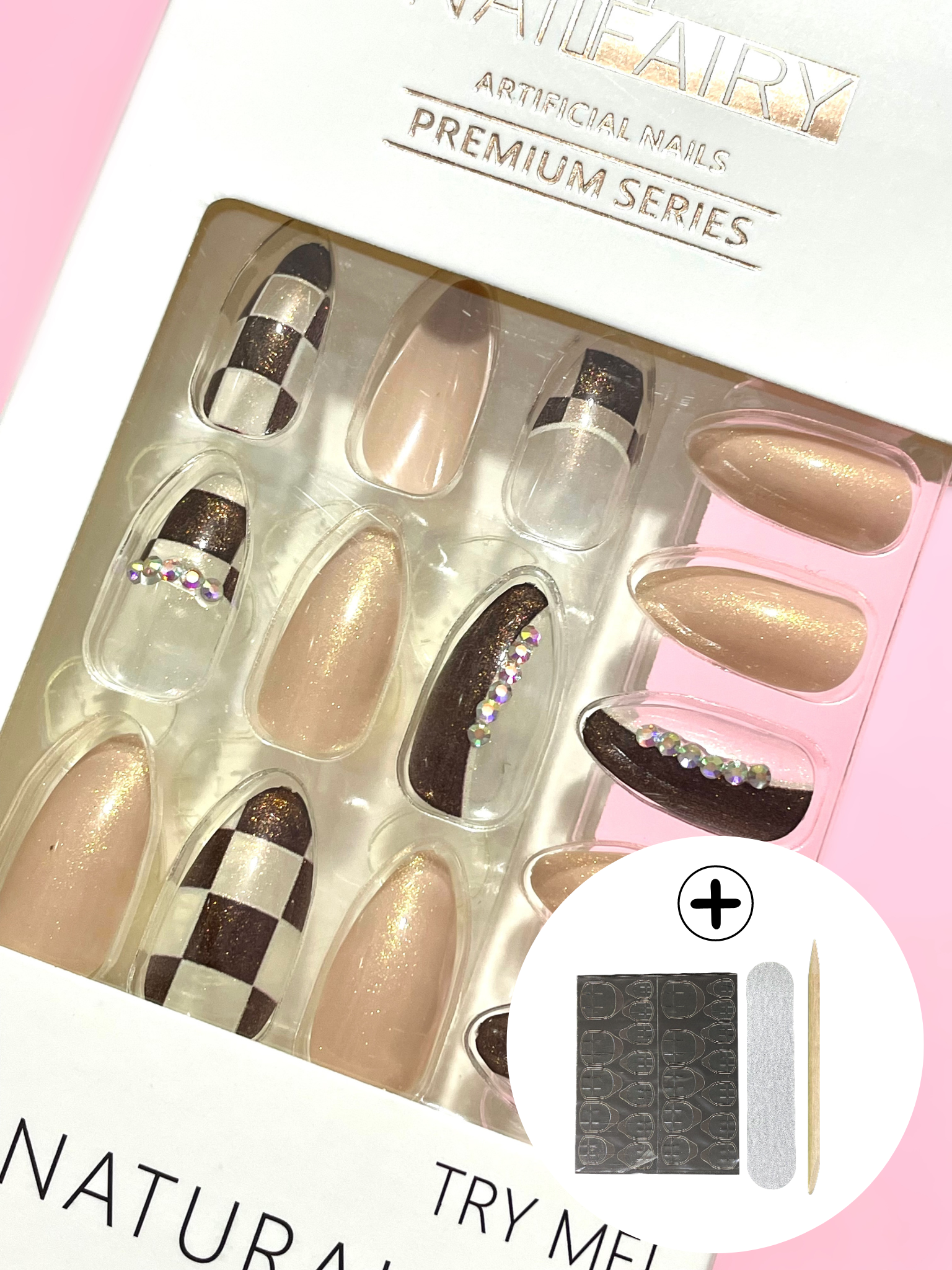 24 uñas postizas con pedrería + accesorios