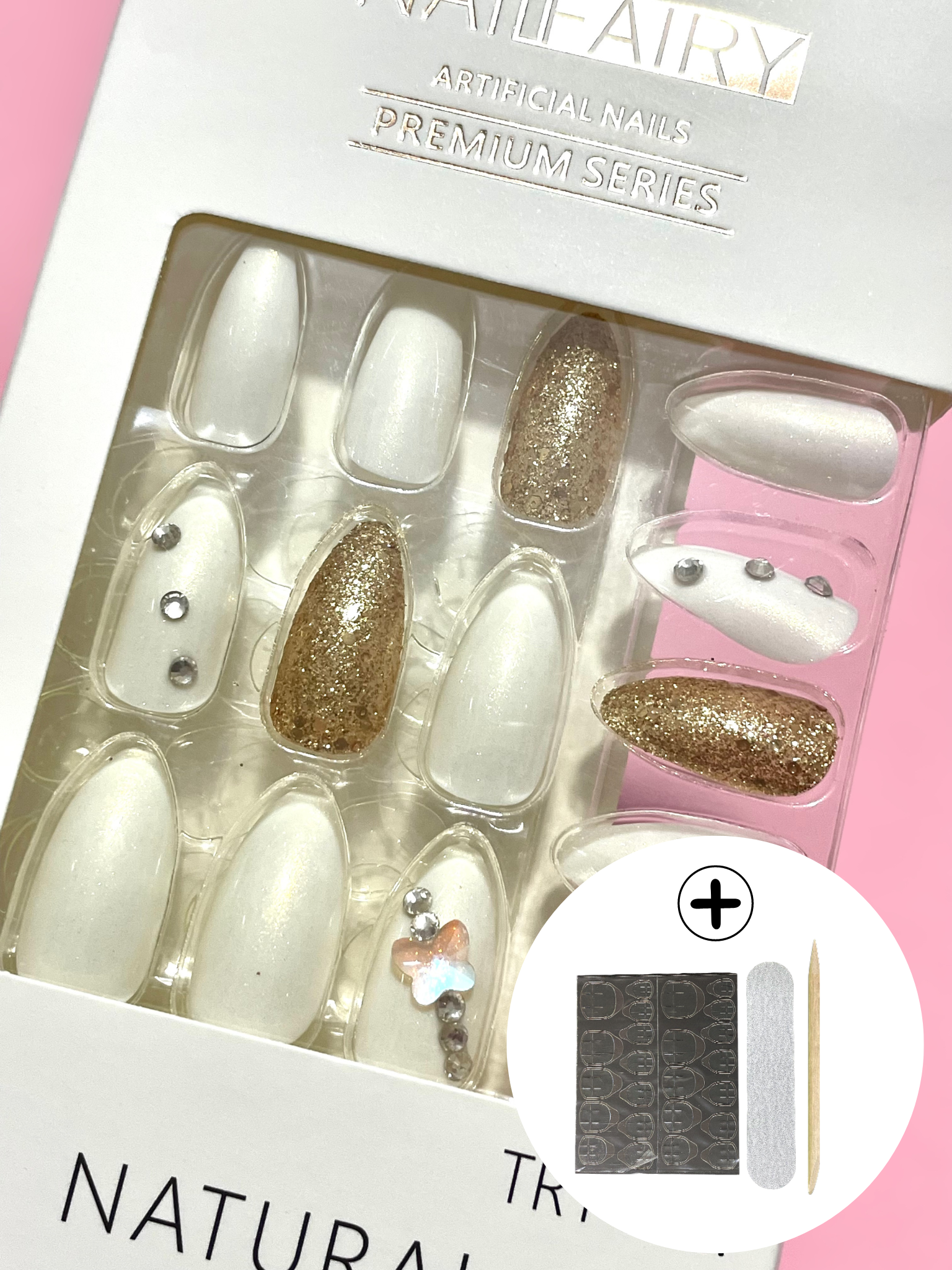 24 uñas postizas con pedrería + accesorios