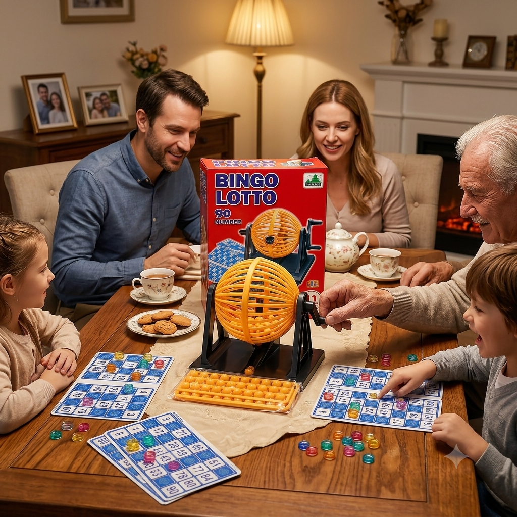 Juego de bingo loto 90 números con tómbola, bolillas y 12 cartones