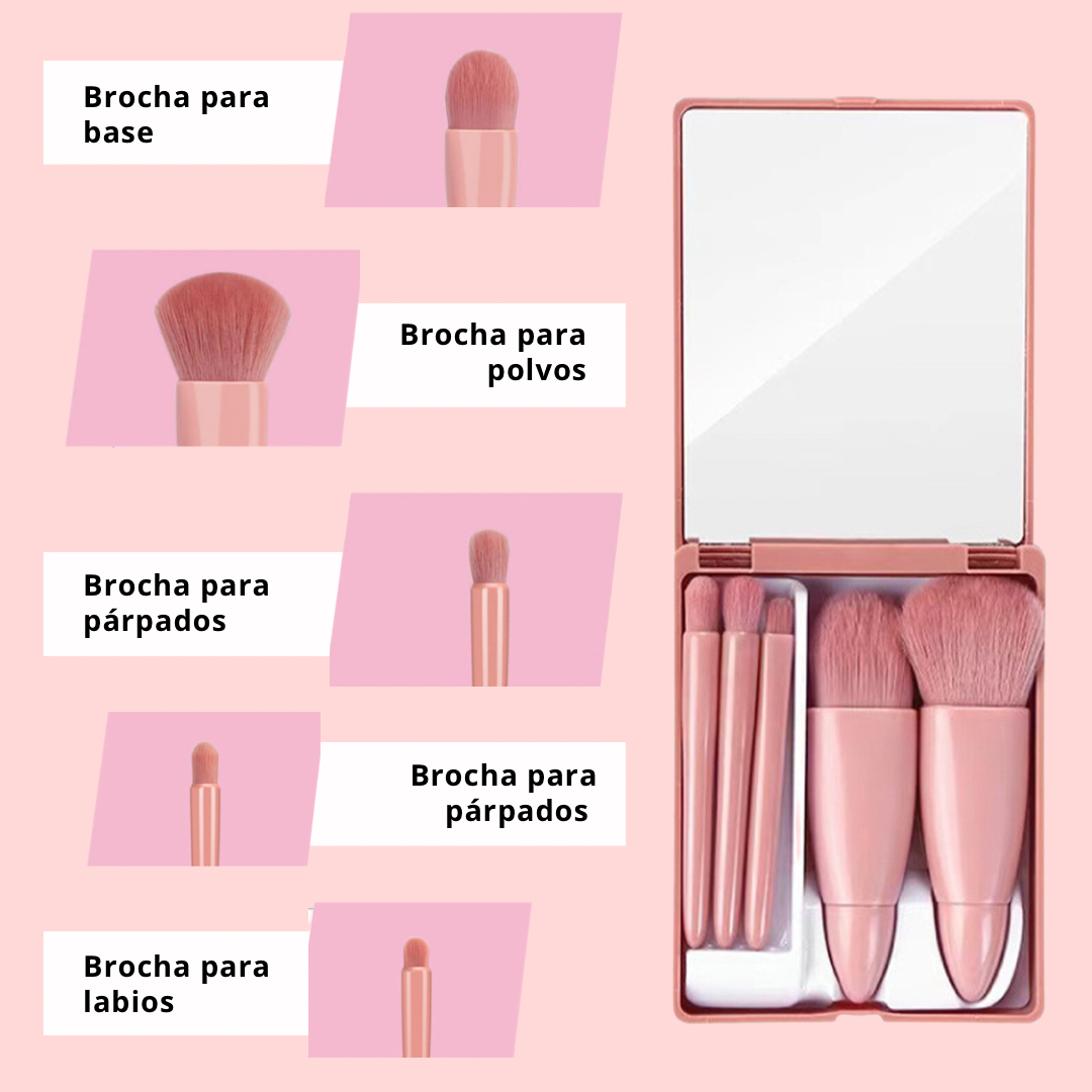 Set 5 Mini Brochas Maquillaje Con Estuche Y Espejo Portatil